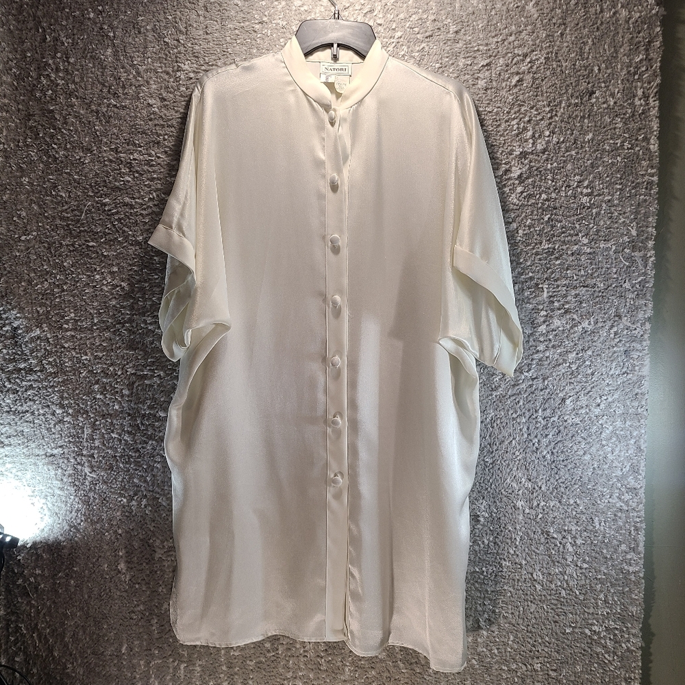 Neiman Marcus Natori Button‎ Down Sleep Shirt Petite Polyester White Satin